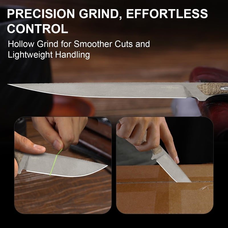 KIZER Begleiter Fix Fixed Blade Knife, 3.78" Drop Point 3V Blade Hunting Knives with Kydex Sheath, Brown Burlap Micarta Handle EDC Knife for Camping Hunting Survival 1045MD1 - Image 4